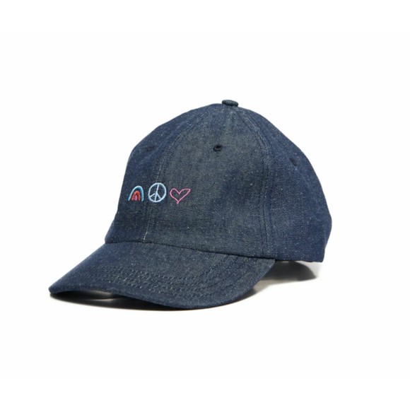 TO THE MARKET Womens Denim Baseball Cap Embroidered Peace Heart Rainbow $62 NEW - Picture 1 of 5